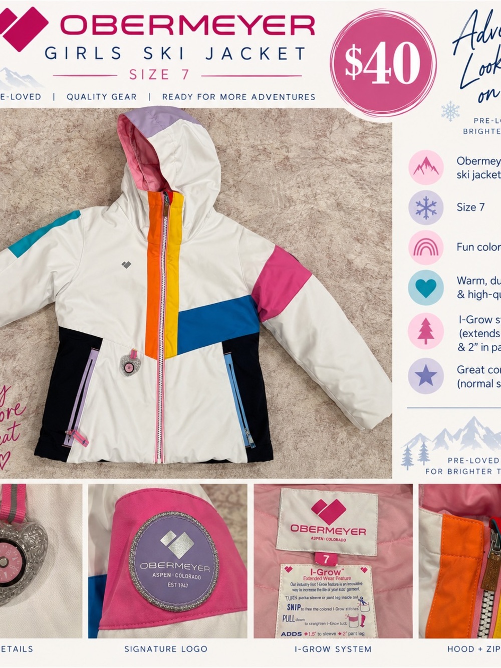 Obermeyer Girls' Hooded Ski Jacket in White with Pink, Blue & Yellow Accents